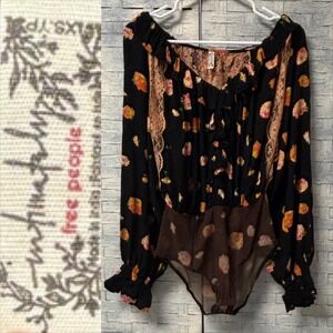 Free People Bodysuit Oversize XS Black Floral Lace Ruffle Long Sleeve‎